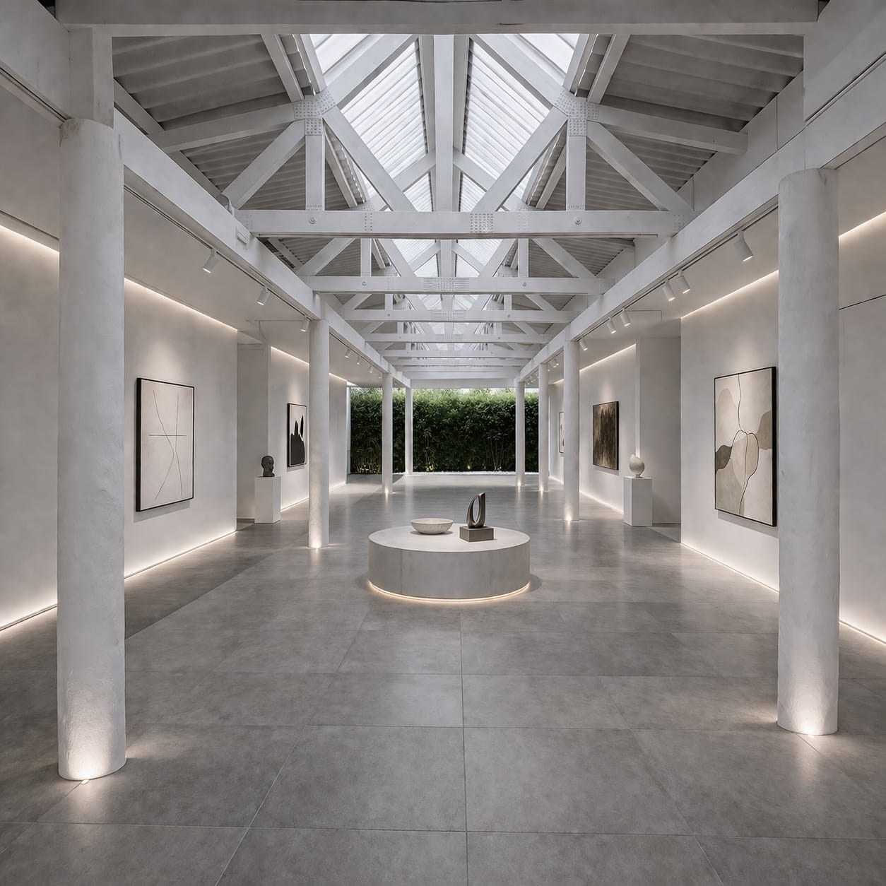 Minimalist art gallery interior with skylight, columns, and abstract works